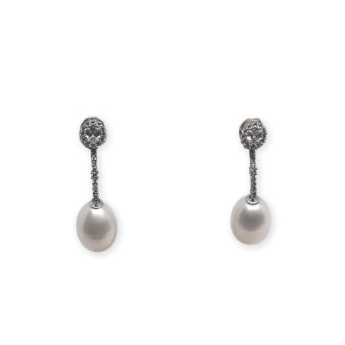 Pendientes Oro Blanco y Circonitas con perla