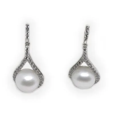 Pendientes Oro Blanco y Circonitas con perla