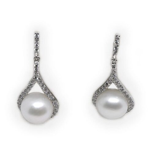 Pendientes Oro Blanco y Circonitas con perla