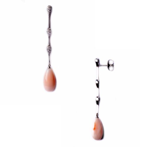 Pendientes de Oro Blanco de 18kt con Colgante de Coral y Brillante