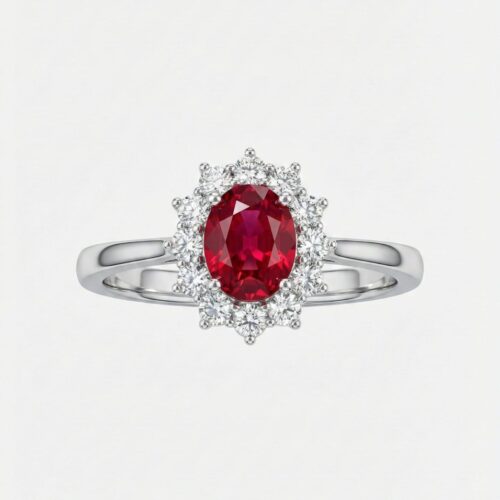 Anillo Oro Blanco 18kt con Diamantes 0.15ct y Rubí Natural 6x4mm 0.55ct