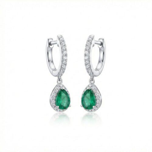 Pendientes Oro Blanco 18kt Colgante con Criolla de Diamantes 0.38ct y 2 Esmeraldas Talla Pera 0.36ct