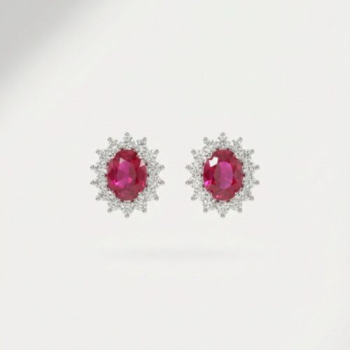 Pendientes Oro Blanco 18kt con Diamante 0.49ct GVS y Rubí Natural Oval 6x4mm