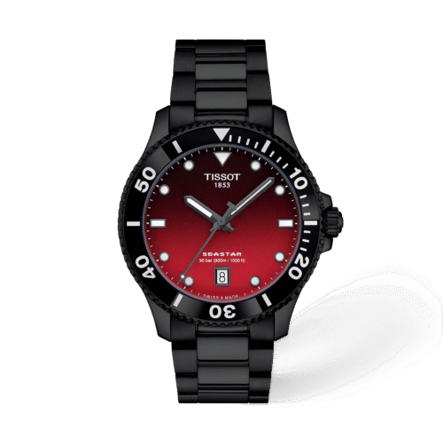 Tissot Seastar 1000 40mm · Esfera degradado rojo · correa negro — packshot oficial Tissot