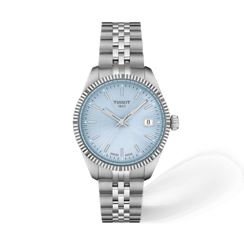 Tissot Ballade 34mm · Esfera azul hielo · correa gris — packshot oficial Tissot