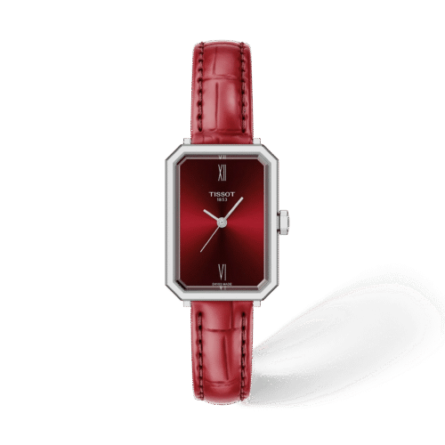 Tissot SRV 30mm · Esfera rojo · correa cuero — packshot oficial Tissot