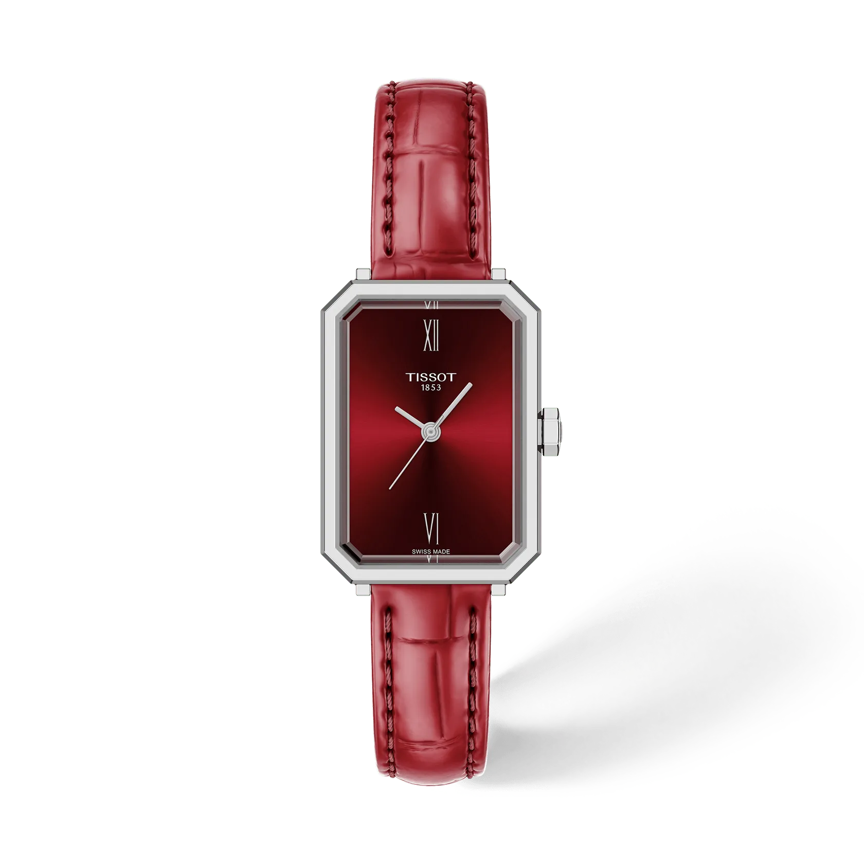 Tissot SRV 30mm · Esfera rojo · correa cuero — packshot oficial Tissot