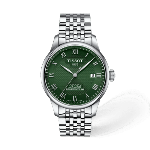 Tissot Le Locle 39.3mm · Esfera verde · correa gris — packshot oficial Tissot