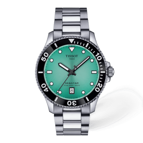 Tissot Seastar 1000 40mm · Esfera degradado turquesa · correa acero — packshot oficial Tissot