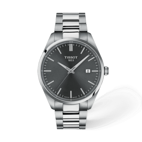 Tissot PR100 40mm · Esfera gris · correa acero — packshot oficial Tissot