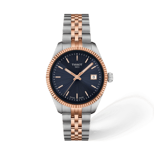 Tissot Ballade 34mm · Esfera azul · correa gris, oro rosa 5n — packshot oficial Tissot