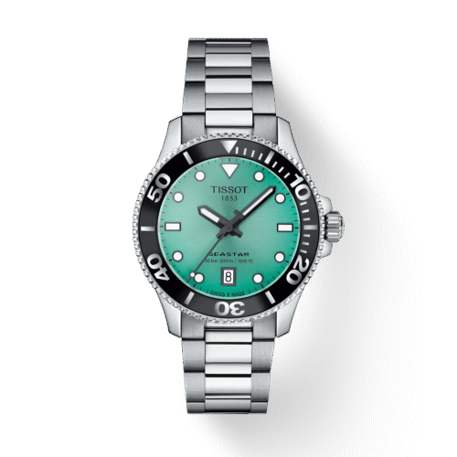 Tissot Seastar 1000 36mm · Esfera degradado turquesa · correa gris — packshot oficial Tissot