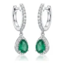 Pendientes Oro Blanco 18kt Colgante con Criolla de Diamantes 0.38ct y 2 Esmeraldas Pera 0.36ct