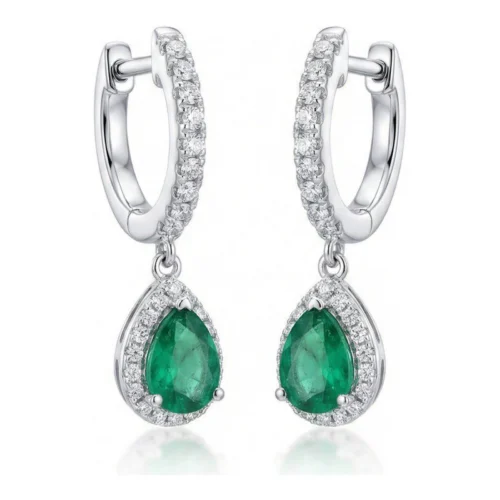 Pendientes Oro Blanco 18kt Colgante con Criolla de Diamantes 0.38ct y 2 Esmeraldas Pera 0.36ct