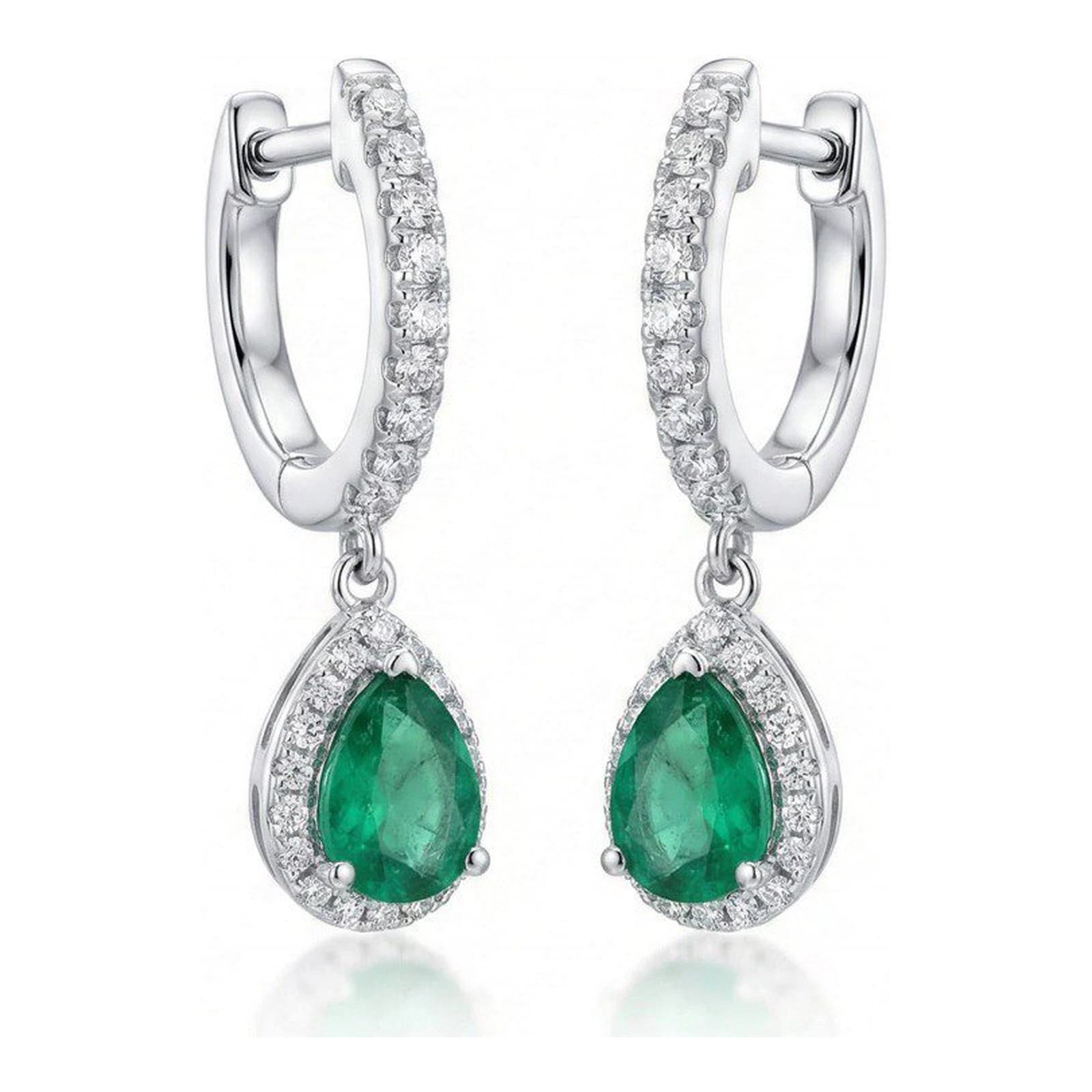 Pendientes Oro Blanco 18kt Colgante con Criolla de Diamantes 0.38ct y 2 Esmeraldas Pera 0.36ct
