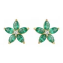 Pendientes Oro Amarillo 18kt Flor con 5+5 Esmeraldas Oval 1.56ct y 2 Brillantes 0.02ct