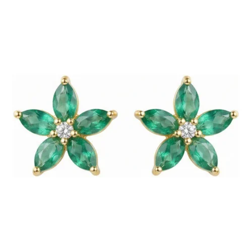 Pendientes Oro Amarillo 18kt Flor con 5+5 Esmeraldas Oval 1.56ct y 2 Brillantes 0.02ct