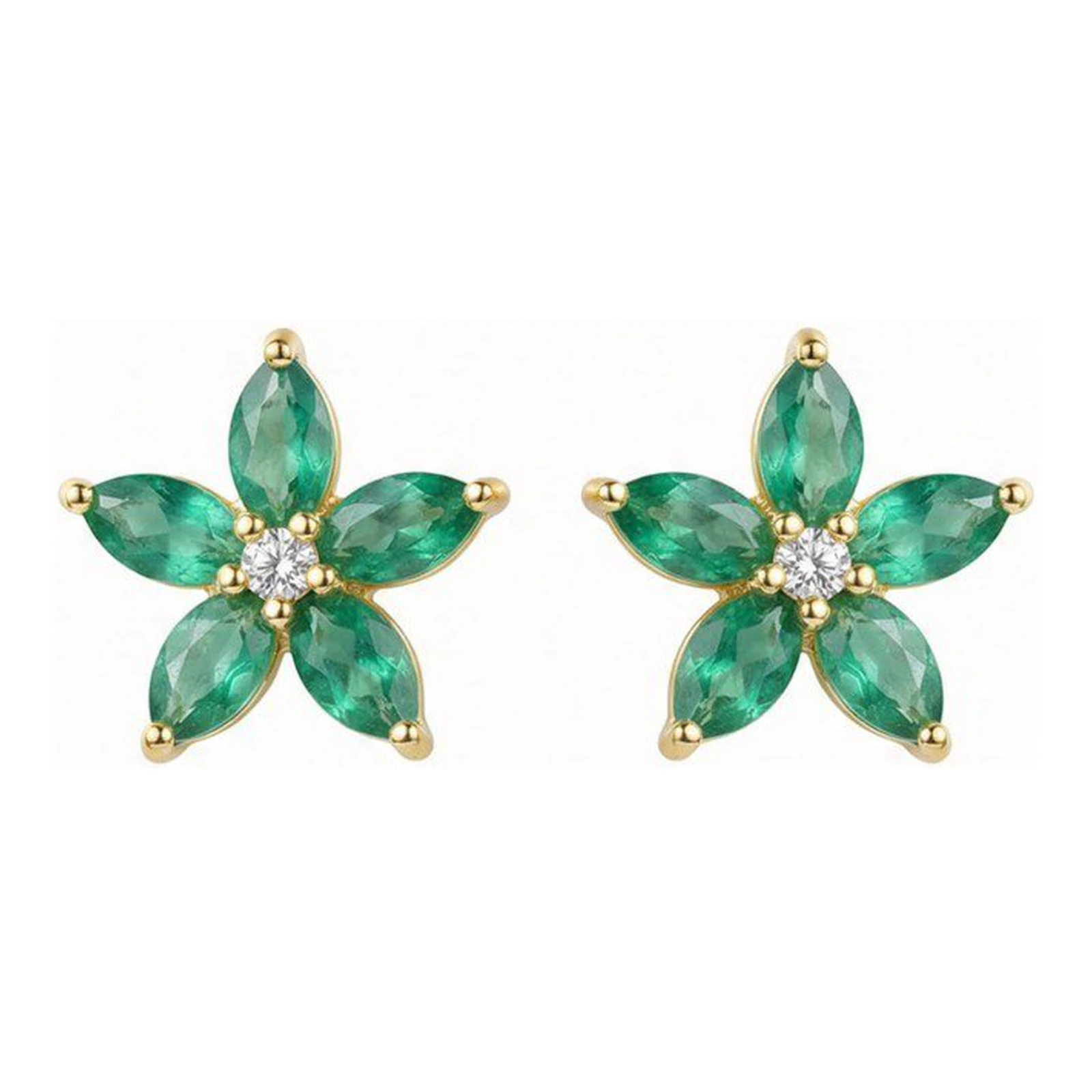 Pendientes Oro Amarillo 18kt Flor con 5+5 Esmeraldas Oval 1.56ct y 2 Brillantes 0.02ct