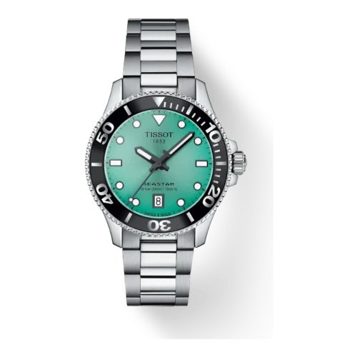 Tissot Seastar 1000 36mm · Esfera degradado turquesa · correa gris