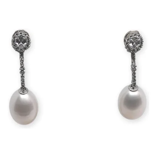 Pendientes Oro Blanco y Circonitas con perla · Ref. 800