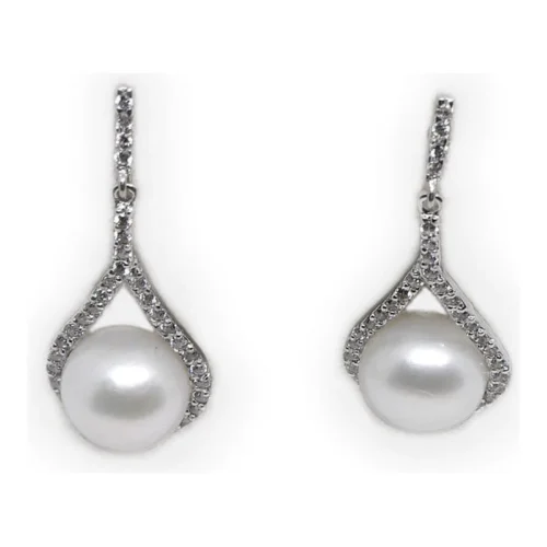 Pendientes Oro Blanco y Circonitas con perla · Ref. 000