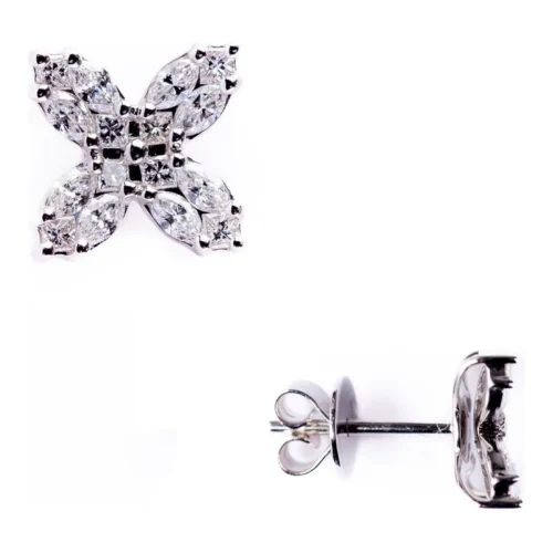 Pendiente Oro Blanco 18kt 4 Petalos 32 Diamantes