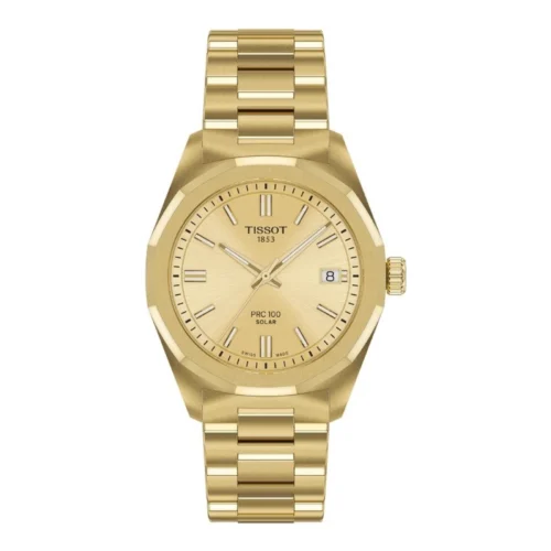 Tissot PRC 100 Solar 34mm · Esfera champagne · correa oro amarillo 1n14