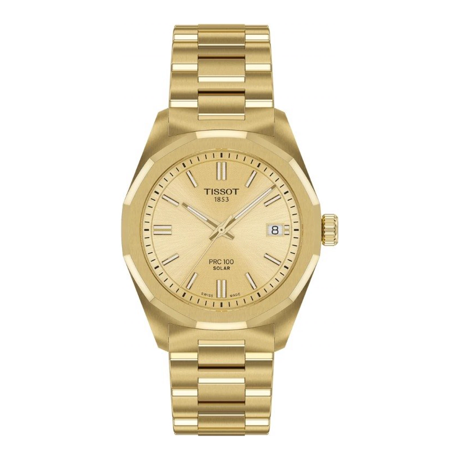 Tissot PRC 100 Solar 34mm · Esfera champagne · correa oro amarillo 1n14