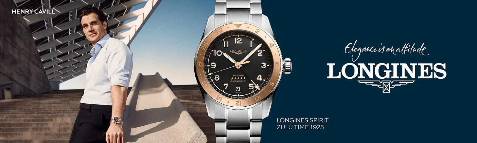 Henry Cavill en la campaña oficial del Longines Spirit Zulu Time 1925