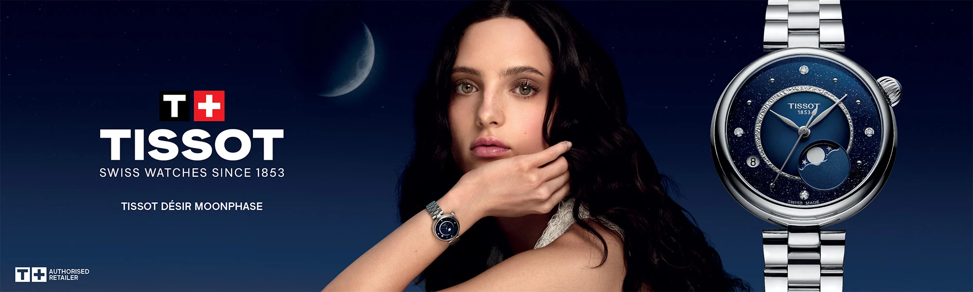 Modelo con el Tissot Désir Moonphase en la muñeca, campaña oficial de Tissot